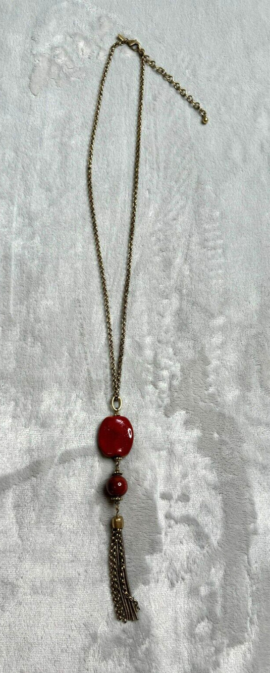 Chicos Necklace Gold Tone Chain 22.5" Rust Red Pendants with Gold Tone Fringe